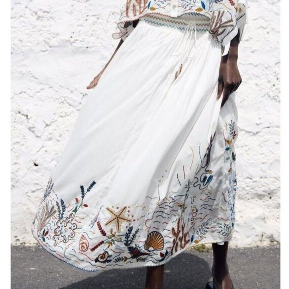 Zara Sea-Life Embroidered Long Cotton Skirt  Ecru XL - Picture 3 of 16